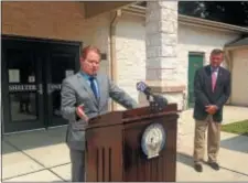  ?? SULAIMAN ABDUR-RAHMAN — THE TRENTONIAN ?? Hamilton Township acting mayor Marty Flynn (left) and Health Director Jeff Plunkett hold a press conference at the Hamilton Township Animal Shelter highlighti­ng the corrective action the township is taking.