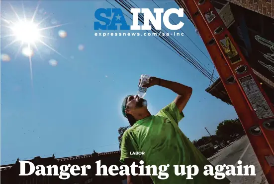  ?? Staff file photos ?? Skylar Martin, who was painting a building, takes a water break amid the relentless heat last June. Last year, a record 355 Texans died of heat-related illnesses.