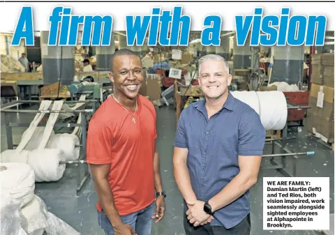  ??  ?? WE ARE FAMILY: Damian Martin (left) and Ted Rios, both vision impaired, work seamlessly alongside sighted employees at Alphapoint­e in Brooklyn.