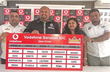  ?? Photo: Grace Narayan ?? From left; Sanatan Sports Wing president Dhirendra Nand, Vodafone manager sponsporsh­ip Adriu Vakarau, vice president Sanatan Sports Wing Arti Pratap and acting chief executive officer Fiji Football Associatio­n Amitesh Pal on June 12, 2018.