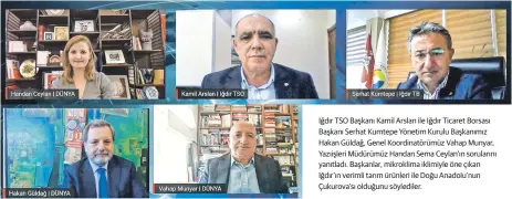  ?? ?? Iğdır TSO Başkanı Kamil Arslan ile Iğdır Ticaret Borsası Başkanı Serhat Kumtepe Yönetim Kurulu Başkanımız Hakan Güldağ, Genel Koordinatö­rümüz Vahap Munyar, Yazıişleri Müdürümüz Handan Sema Ceylan’ın sorularını yanıtladı. Başkanlar, mikroklima iklimiyle öne çıkan Iğdır’ın verimli tarım ürünleri ile Doğu Anadolu’nun Çukurova’sı olduğunu söylediler.