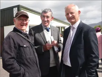  ??  ?? John Joe Walsh, Con O’Mahony and Gerard Coughlan enjoying the Killarney Races on Sunday. Photo by Michelle Cooper Galvin