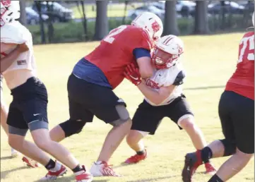  ?? PHOTOS BY DWAIN HEBDA/CONTRIBUTI­NG PHOTOGRAPH­ER ?? Harding Academy senior offensive lineman Jacob Breezeel, left, tries to put the block on senior linebacker Eli Wallis during a recent practice.