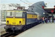  ?? KEITH FENDER ?? Right: No. 1501 (along with UK-based EM2 Loco Society 1502/E27000) worked special trains in the Netherland­s in the years after withdrawal, but none have operated for more than a decade. It is seen at Amsterdam Sloterdijk on October 5, 1991, with the ‘DC Tribute’ railtour. In 1996, No. 1501 was repainted as E27003 for the ‘Dark Side of the Moon’ tour, which attracted a lot of interest from British enthusiast­s.