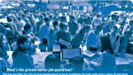  ??  ?? What’s the private sector job quota law?
The law provides for 75% of new employment to local candidates for jobs with gross salary of not more than ₹50,000 per month in companies, societies, trusts, limited liability partnershi­p firms and partnershi­p firms employing 10 or more people situated in Haryana.