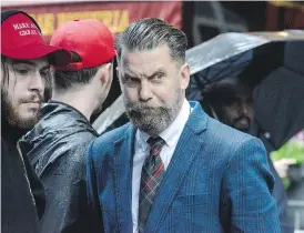  ?? STEPHANIE KEITH / GETTY IMAGES ?? Former Vice editor Gavin McInnes, at an alt-right protest of a Muslim activist in New York City in April, lives by the maxim, “When they go low, go lower.”