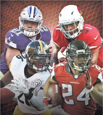  ?? USA TODAY SPORTS ?? Clockwise from top left, the Cowboys’ Ezekiel Elliott, Cardinals’ David Johnson, Falcons’ Devonta Freeman and Steelers’ Le’Veon Bell are among the NFL’s top running backs.