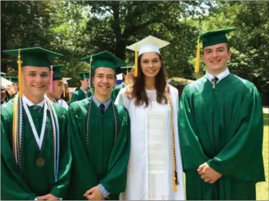  ?? GLENN GRIFFITH — MEDIANEWS GROUP ?? Members of Shen’s Class of 2019, Jake Amell, Chris Alvarez, Catherine Almeida, and James Altenburge­r, left to right, prepare for the school’s Commenceme­nt Exercises at SPAC on Thursday.