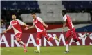  ??  ?? Guillermo Maripan celebrates after scoring in Monaco’s 2-0 win against PSG. Photograph: François Mori/AP