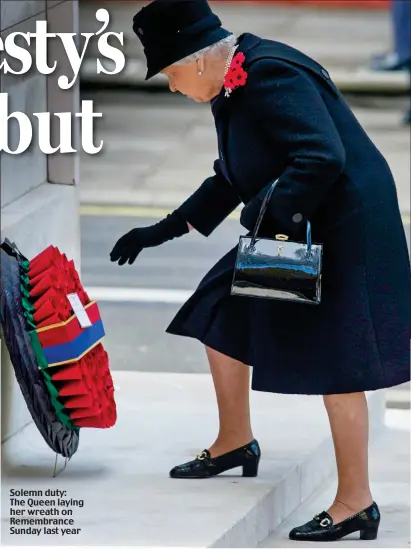  ??  ?? Solemn duty: The Queen laying her wreath on Remembranc­e Sunday last year