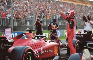  ?? REUTERS PIC ?? Ferrari’s Charles Leclerc reacts after placing first in qualifying for the
Australian Grand Prix at the
Melbourne Grand Prix Circuit yesterday.