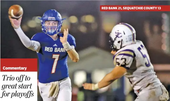  ?? STAFF PHOTO BY C.B. SCHMELTER ?? Red Bank’s Madox Wilkey (7) throws for a first down against visiting Sequatchie County on Friday. Wilkey was 27-for-30 passing in the Lions’ 21-13 win in the TSSAA Class 3A playoffs.