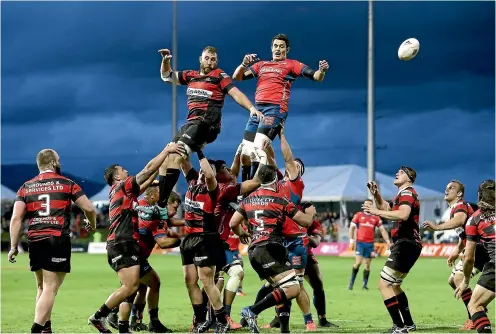  ?? GETTY IMAGES ?? Tasman lock Isaac Ross, here using his aerial skills against Canterbury, has high hopes for his team in the Mitre 10 Cup final against Auckland at Eden Park tonight.