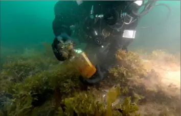  ?? Parks Canada Agency via New York Times ?? A diver holds a decanter recovered from the HMS Erebus, one of two English naval ships that vanished more than 170 years ago while searching for a Northwest passage across the Canadian Arctic.