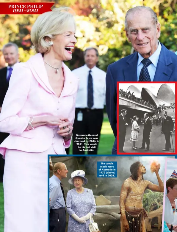  ??  ?? Governor-general Quentin Bryce was charmed by Philip in 2011. This would be his last visit to Australia.
The couple made tours of Australia in 1973 (above) and in 2002.
