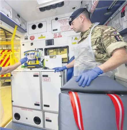  ?? PHOTO: CPL DANNY HOUGHTON ?? Helping out: NHS Paramedic Andy Kemp (left) shows Trooper Sam Jones the equipment used by the East of England Ambulance Service