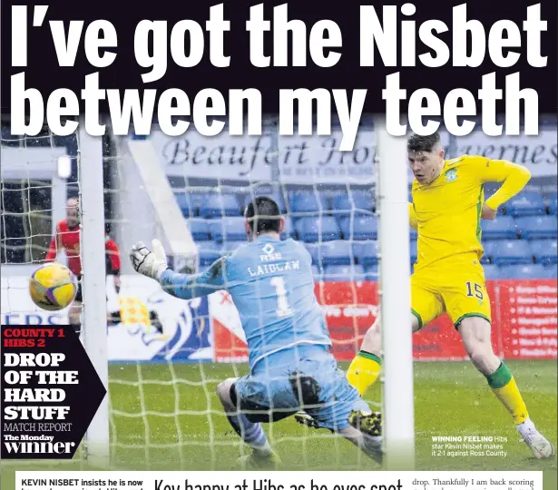  ??  ?? WINNING FEELING Hibs star Kevin Nisbet makes it 2-1 against Ross County