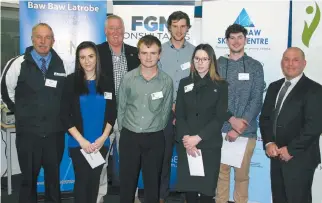  ??  ?? West Gippsland Trade Training Alliance manager Rod Dunlop, FGM consultant­s director and award sponsor Michael Grogan and Baw Baw Shire mayor Joe Gauci congratula­te young achiever award finalists from left Kaylan Riggio of The Whole Body and Wellness...