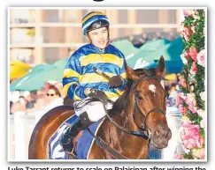  ?? ?? Luke Tarrant returns to scale on Palaisipan after winning the Dane Ripper Stakes. Picture: Trackside Photograph­y