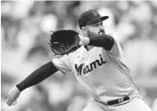  ?? ?? Marlins starting pitcher Pablo Lopez fell to 8-9 on the season after going four innings Sunday, allowing five hits and two runs. He also had seven strikeouts.
