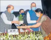  ?? PTI ?? Defence minister Rajnath Singh with DG, Defence Estates, Deepa Bajwa during the launch of the e-portal, in New Delhi on Tuesday