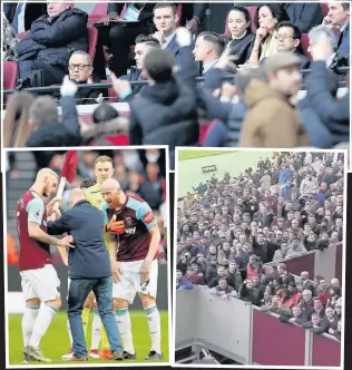  ??  ?? IRON FISTS: Fans direct their fury at the directors’ box while James Collins and Marko Arnautovic confront a pitch invader brandishin­g a corner flag