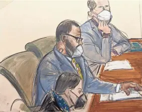  ?? ELIZABETH WILLIAMS VIA AP ?? In this courtroom sketch, R. Kelly, center, sits with his attorneys Thomas Farinella, top, and Nicole Blank Becker. Kelly was found guilty of racketeeri­ng on Monday, following two days of jury deliberati­ons.