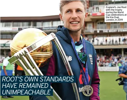  ?? ?? England’s Joe Root with the trophy during the World Cup celebratio­ns at the Kia Oval, London, in 2019