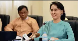  ?? Picture: EPA ?? ‘DEMOCRACY ICON’: Myanmar opposition leader Aung San Suu Kyi speaks during a news conference after parliament voted not to relax the military’s control over the constituti­on, a move that could have paved the way to allow her to run for president.