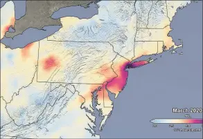  ?? NASA / Contribute­d ?? The image shows the average concentrat­ions of atmospheri­c nitrogen dioxide in March 2020 as measured by the Ozone Monitoring Instrument on NASA's Aura satellite, as processed by a team at NASA's Goddard Space Flight Center in Greenbelt, Maryland.