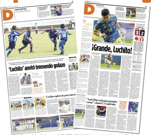  ??  ?? La primera página de deportes de EL HERALDO del 7 de enero de 2009, cuando Díaz jugaba el Torneo Asefal con el equipo del Cerrejón, y la página del sábado tras brillar ante Perú.