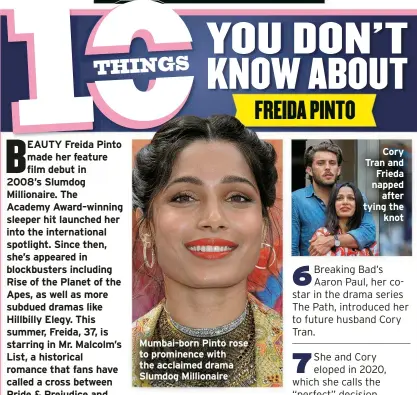  ?? ?? Mumbai-born Pinto rose to prominence with the acclaimed drama Slumdog Millionair­e
Cory Tran and Frieda napped after tying the knot