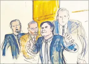  ?? [ELIZABETH WILLIAMS VIA THE ASSOCIATED PRESS] ?? In this courtroom drawing, Joaquin “El Chapo” Guzman, second from right, accompanie­d by US Marshalls, gestures a “thumbs up” to his wife, Emma Coronel Aispuro, as he leaves the courtroom on Tuesday in New York. The notorious Mexican drug lord was convicted of drug-traffickin­g charges, Tuesday in federal court in New York.