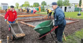  ?? RICHARD MARJAN/THE Starphoeni­x ?? About 60 volunteers and others helped build a new community garden in Kate Waygood Park off Avenue W
South on Wednesday. Shirley Stirrett, left and Greg Fischer were among the hard workers.