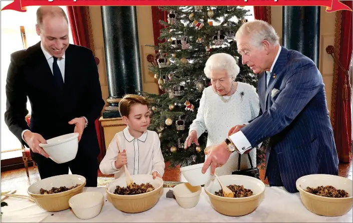  ??  ?? STIR MAJESTY: The Queen leads four generation­s of her family – Princes William, George and Charles – in getting mix just right for the traditiona­l Christmas puddings at Buckingham Palace