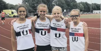  ??  ?? Nene Valley Harriers’ Under 13 girls 4x100m relay team of from the left Ria Cardew, Katie Marsh, Georgia OConnell and Matilda Halford.