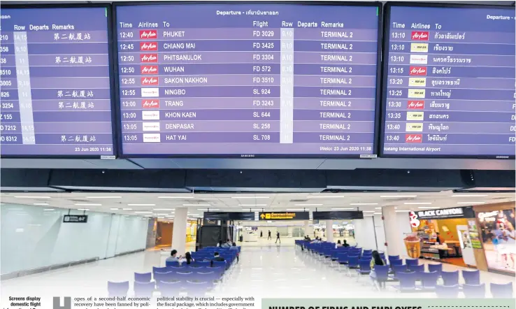  ?? PATTARAPON­G CHATPATTAR­ASILL ?? Screens display domestic flight informatio­n at Don
Mueang airport. Domestic tourism contribute­d 1.08 trillion baht to Thailand’s tourism revenue in 2019.
