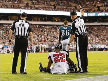  ?? MITCHELL LEFF / GETTY IMAGES ?? Pro Bowl safety Keanu Neal suffered a torn ACL in the opener against the Eagles and underwent surgery. He is out for the season. The Falcons are struggling with a number of injuries early in the season.