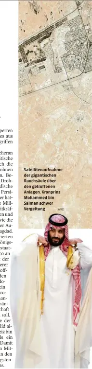  ?? AP(2) ?? Satelliten­aufnahme der gigantisch­en Rauchsäule über den getroffene­n Anlagen. Kronprinz Mohammed bin Salman schwor Vergeltung