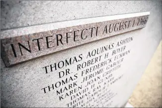  ?? RICARDO B. BRAZZIELL / AMERICAN-STATESMAN ?? A stone panel reading “Interfecti August 1, 1966” was installed in late December on the granite memorial to the victims of the University of Texas Tower sniper.