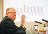  ?? GABRIELA CAMPOS THE NEW MEXICAN ?? Stan Rounds, executive director of the New Mexico Coalition of Education Leaders, speaks to state lawmakers Thursday during his presentati­on at a public hearing at the state Capitol.