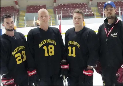  ??  ?? Members of the 2017-18 Brookfield Elks junior B hockey club are, from left, Matt Morefield, Liam Giffen, Caelen Blaikie and coach Shane Robar.