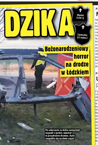  ??  ?? Mama (†24 l.)
Córeczka (†1 mies.)
Po uderzeniu w dzika samochód wypadł z jezdni, wjechał w przydrożne drzewo. Auto rozpadło się na dwie części