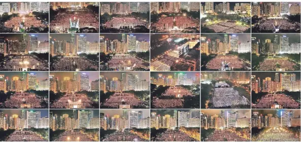  ?? FOTO: VINCENT YU/AP ?? Normalerwe­ise gedenken die Hongkonger mit Kerzen auf dem Victoria-park der Opfer des Tiananmen-massakers, wie diese Bilder von 1997 bis 2020 zeigen. Doch das ist nun strafbar.