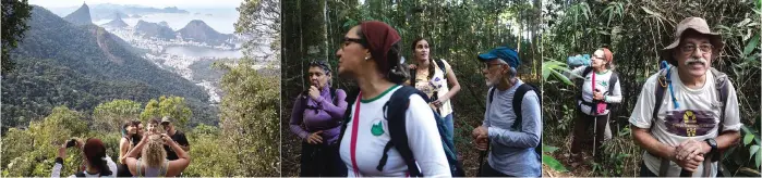  ??  ?? This combinatio­n picture shows people take photos and break as they walk along a hiking trail -part of a projected 8,000-kilometre trail across Brazil.