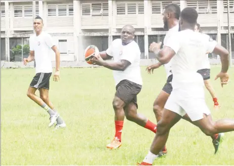  ??  ?? The visiting ‘Soca Ruggers’ doing some runs yesterday at the Parade Ground ahead of today’s RAN 15s match against the ‘Green Machine’. (Orlando Charles photo)