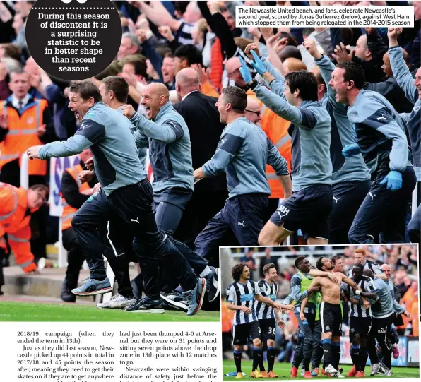  ??  ?? The Newcastle United bench, and fans, celebrate Newcastle’s second goal, scored by Jonas Gutierrez (below), against West Ham which stopped them from being relegated in the 2014-2015 season