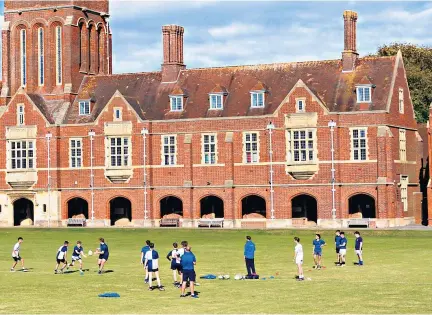  ?? ?? New ball game: Pupils go through rugby drills at Eastbourne College (above); but such scenes may become increasing­ly rare as independen­t schools like the ISFA Cup winners Bradfield College (right), from Berkshire, who beat Lancashire’s Rossall 4-0 in the final (left) at MK Dons’ stadium, go from strength to strength