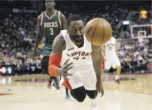  ?? NATHAN DENETT E / THE CANADIAN PRESS ?? Patrick Patterson’s per-game averages of 8.5 points and 5.7 rebounds for the Raptors are ordinary, and his player efficiency rating is just slightly
above average. However, he is adaptable and the most agile big-man defender on the team, writes Post...