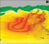  ??  ?? 1 Simulation de la propagatio­n du bruit sur et autour du circuit du Mugello en Toscane. Un logiciel mis au point par Jarno Zaffelli et son équipe. 2 Étude de l’efficacité du drainage d’une portion de circuit. Vitesse de la circulatio­n de l’eau, nombre de litres écoulés par minute, zone de formation des flaques. Des données cruciales, comme on a pu le vérifier à Silverston­e où le mauvais drainage avait entraîné l’annulation du GP en 2018. Un cas de figure rarissime : la précédente annulation remonte au GP d’Autriche 1980... pour cause de neige !